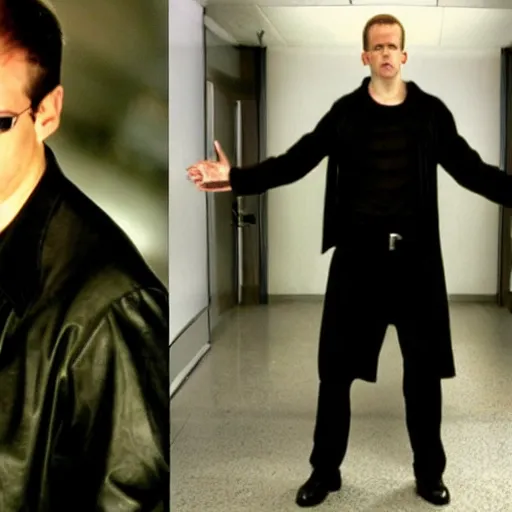 Prompt: Toby Flenderson as neo in the matrix, full body shot