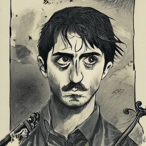 Prompt: pen and ink!!!! attractive 22 year old Frank Zappa x Daniel Radcliff golden Vagabond magic swordsman glides through a beautiful battlefield magic the gathering dramatic esoteric!!!!!! pen and ink!!!!! illustrated in high detail!!!!!!!! by Hiroya Oku!!!!! Written by Wes Anderson graphic novel published on shonen jump 2002 award winning!!!!