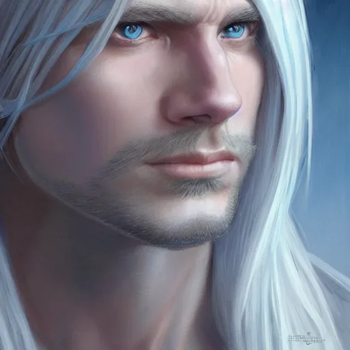 Image similar to 2 7 year old male with blue eyes and long straight blonde hair as a fantasy d & d character, closeup portrait art by donato giancola and greg rutkowski, realistic face, clean shaven, feminine features, digital art, trending on artstation, symmetry!!