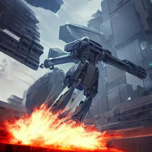 Image similar to six meter tall mech firing at tanks, futuristic city, mechanized art concept, 3 d render, marble statue, pacific rim poster, cgsociety, trending on artstation