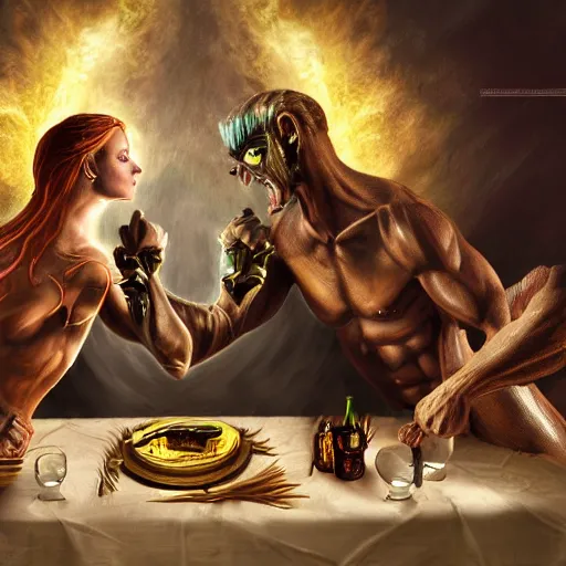 Image similar to A demon arm wrestling an angel on a dinner table, fantasy art, 8k, high resolution photography
