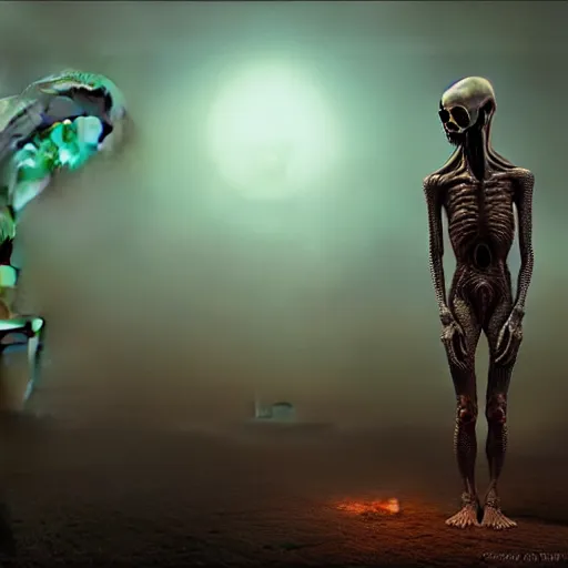 Image similar to alien man with alien woman, full body portraiture, painted by beksinski, 4 k, intricate details, unreal engine, dynamic lighting