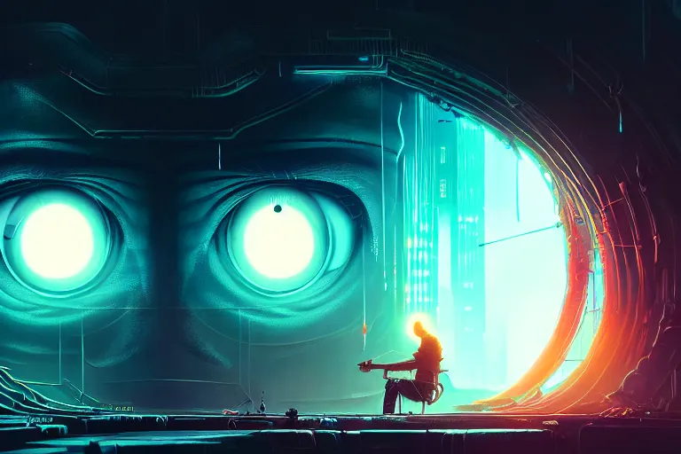 Prompt: portrait of a mystical giant eye, mechanic, dystopian, ( ( cyberpunk ) ), intricate, ( ( ( abstract ) ) ), cinematic, glow, neons, octane render, wlop, greg rutkowski, dan mumford, artgerm