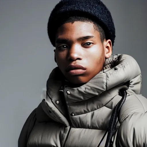 Image similar to realistic photoshooting for a new balenciaga lookbook color film photography close up portrait of a beautiful woman model, model wears a puffer jacket, photo in style of tyler mitchell, ssense