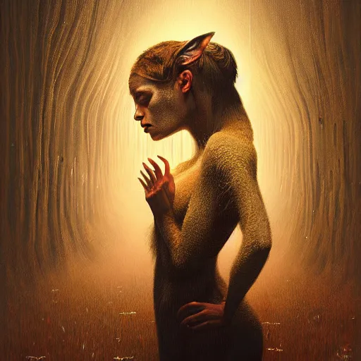 Prompt: a dramatic portrait of a woman affection deer, cinematic lighting, symmetric face by karol bak, christopher balaskas