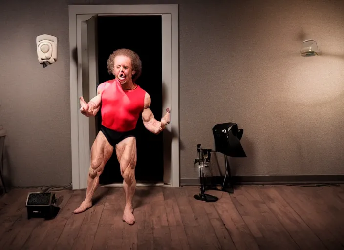 Image similar to a scene from a 2 0 2 2 s black phone, richard simmons is in spandex ringing a doorbell, grindhouse, folk horror, hauntology, 8 k, 8 5 mm f 1. 8, studio lighting, rim light, right side key light