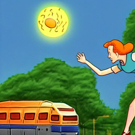 Image similar to screenshot of Ms. Frizzle accidentally ejecting a child into the sun, from The Magic School Bus (1994-1997), animated