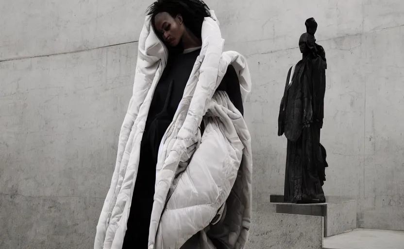 Image similar to beautifully lit fashion portrait of extremely beautiful black female marble statue wearing huge oversize quilted flowing floor length long puffer jacket by dingyun zhang, yeezy, balenciaga, vetements, a cold wall, sharp focus, clear, detailed, romantic, brutalist architecture in background, detailed, white, soft, symmetrical, vogue, editorial, fashion, magazine shoot, glossy