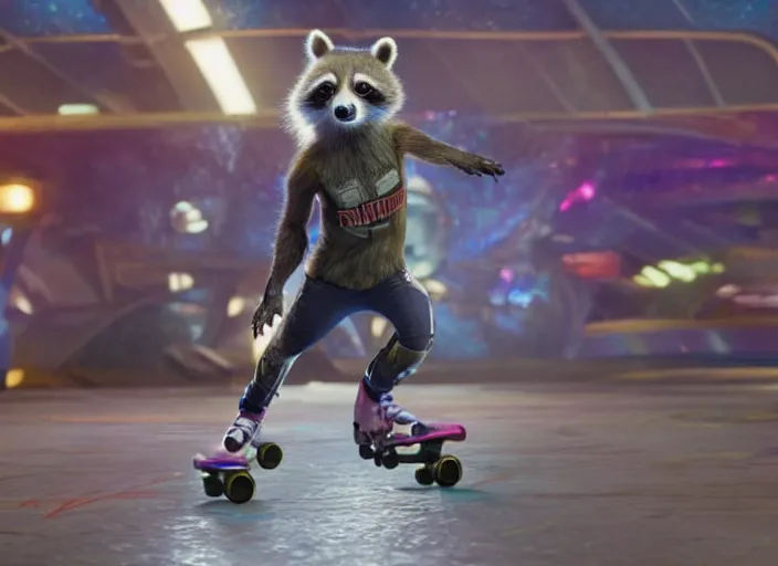 Image similar to film still of Rocket Racoon roller skating at a roller rink in the new Guardians of the Galaxy movie, 4k