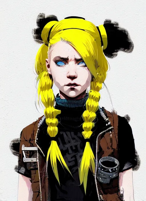 Image similar to highly detailed closeup portrait of a sewer punk pretty swedish female road warrior student, tartan garment, blonde hair pigtails with headband by atey ghailan, by greg rutkowski, by greg tocchini, by james gilleard, by joe fenton, by kaethe butcher, gradient yellow, black, brown and white color scheme, grunge aesthetic!!! white graffiti tag wall background