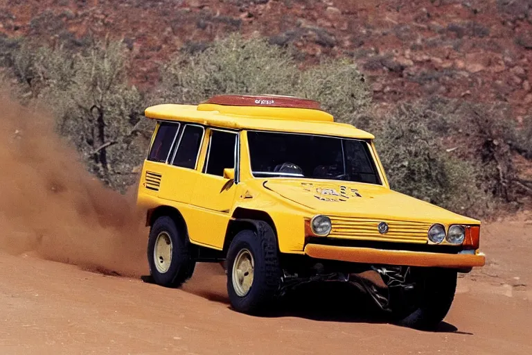 Image similar to 1 9 7 1 vw thing testarossa, dakar rally footage, speed