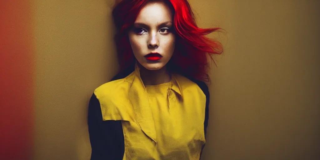 Image similar to a photo of a beautiful woman with accents of yellow and red. Moody and melanchony