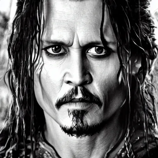 Prompt: symmetry!! photograph of johnny depp starring in the lord of the rings as aragorn, detailed - face!!, wide - angle!!, cinematic, intricate, elegant, highly detailed, film still, nikon, canon eos, zeiss lens, dramatic lighting, sharp - focus!!, photography!!