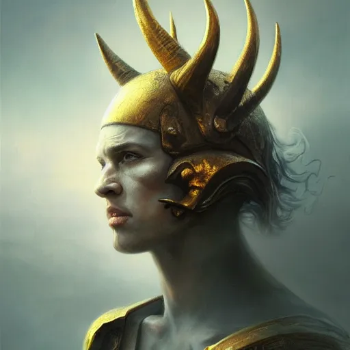 Prompt: breathtaking soft painting of angry devil with an intricate retrofuturistic helmet in a golden sky, realistic symmetrical face features, rembrandt style, elegant, highly detailed, artstation, concept art, matte, sharp focus, art by tom bagshaw, and greg rutkowski