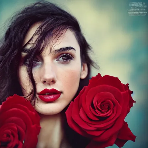 Image similar to fine art photo of the beauty gal gadot, she is merging from red roses, taken by oleg oprisco