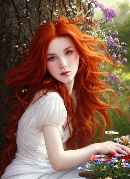 Image similar to a beautiful red haired girl in white dress sitting on wooden trunk in a garden holding a bunch of wild flowers, deep focus, d & d, fantasy, intricate, elegant, highly detailed, digital painting, artstation, concept art, matte, sharp focus, illustration, hearthstone, art by artgerm and greg rutkowski and alphonse mucha