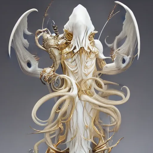 Image similar to angelarium, illithid, cthulhu, white with gold accents, sculpture by ellen jewett