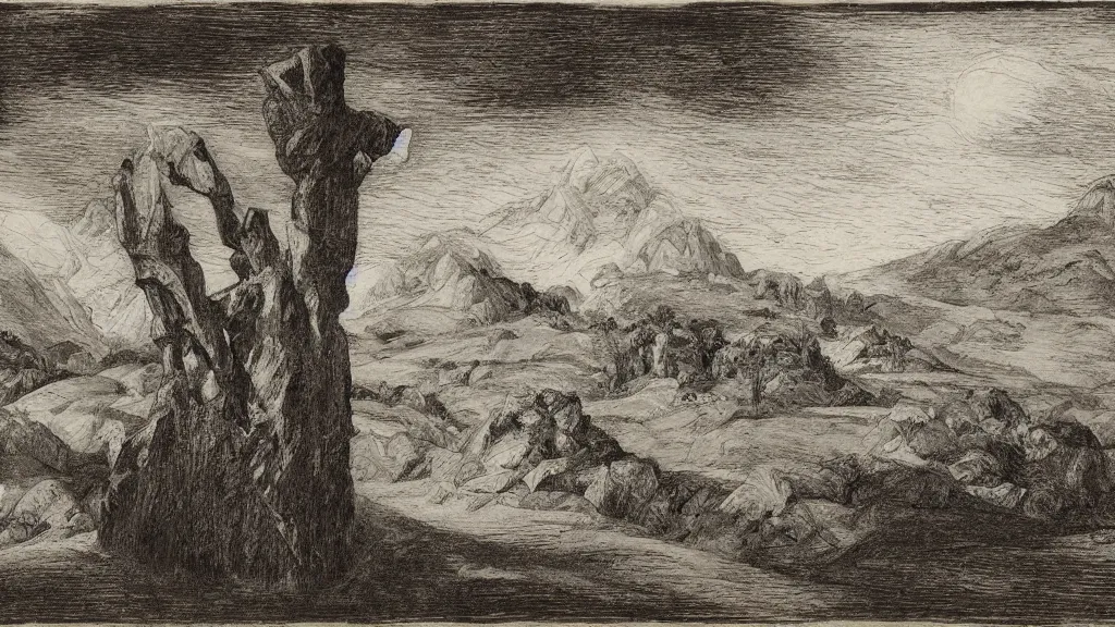 Image similar to a medieval chiaroscuro lithograph of a colossal abstract granite sculpture garden by kurt seligmann and henry moore and edward steichen, on a lawn, distant mountains, the merely beautiful bore me to death