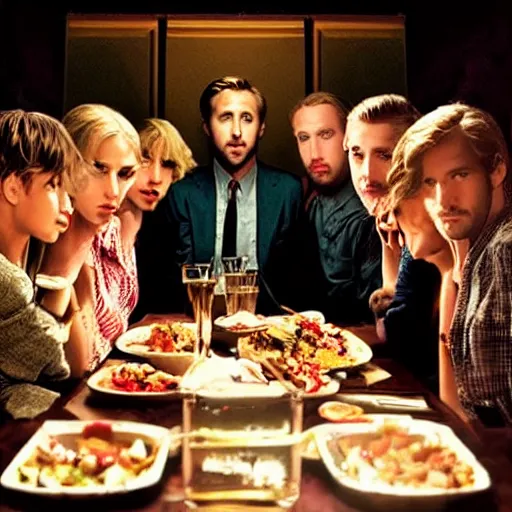 Prompt: All Ryan Gosling character's dinning all together at a big table and eating a big feast in a dark theater with pretty lights