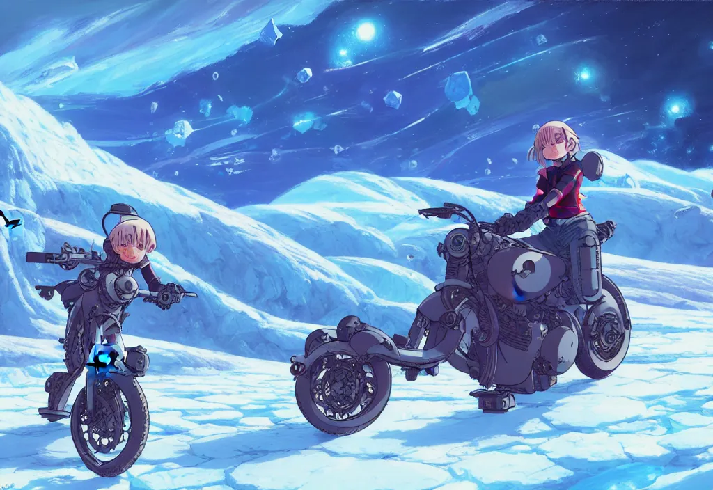 Image similar to a small chubby futuristic bike on a glacier on an alien planet, intricate oil painting, high detail illustration, sharp high detail, manga and anime 1 9 9 9, official fanart behance hd artstation by jesper ejsing and makoto shinkai, 4 k,