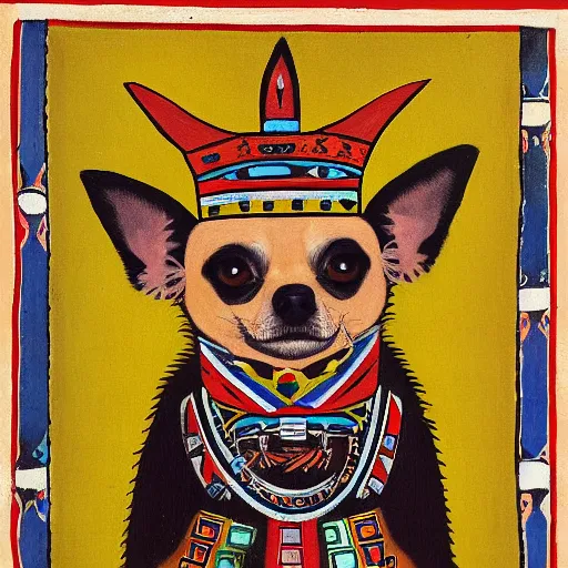 Image similar to portrait of a chihuahua as aztec emperor, aztec painting 1 3 0 0