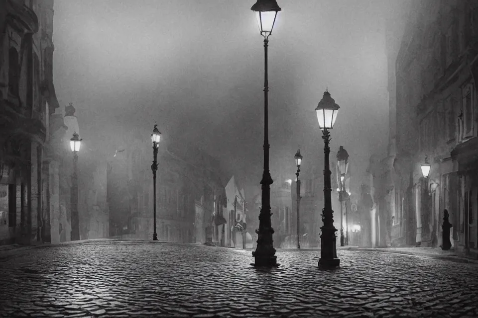 Image similar to wet plate photograph, empty night along cobblestone street in vienna, night time, alone, lamplight, victorian era, depth of field, very detailed, fog, highly accurate, intricate