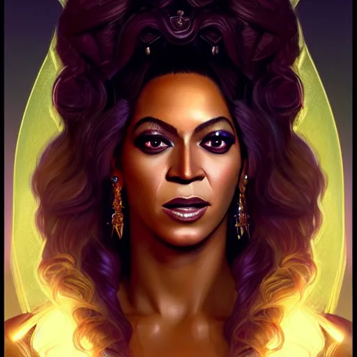 Image similar to Beyonce as a fantasy magic woman portrait, sci-fi, amber eyes, face, long hair, fantasy, intricate, elegant, highly detailed, digital painting, artstation, concept art, smooth, sharp focus, illustration, art by artgerm and greg rutkowski and alphonse mucha