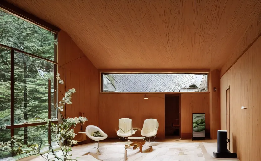 Image similar to luxurious wooden cottage by alvar aalto, modern japanese living room, japanese flower arrangements, coherent composition, architecturally accurate, architecture photography