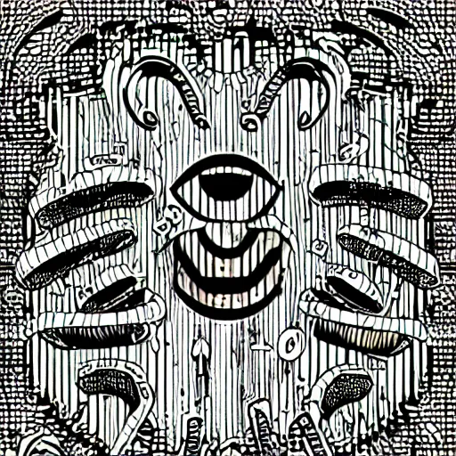 Image similar to acid house music rave graphics psychedelic illustration, smiley, ecstasy pill, graffiti, detailed, only black and white and yellow, stripes - c 9