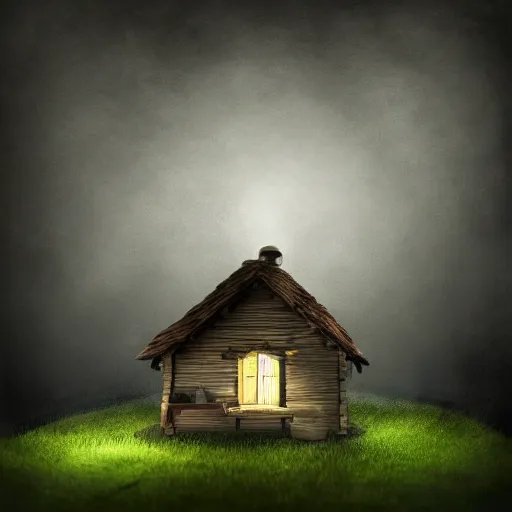 Prompt: little house by Tim Burton, dark background, volumetric lighting