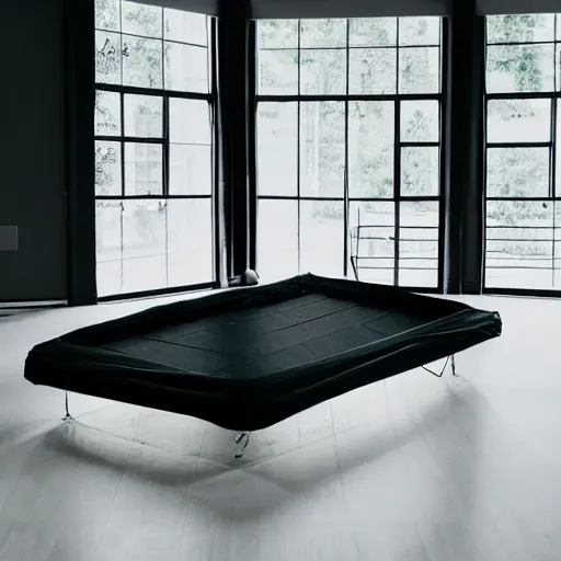 Image similar to a black trampoline, a ball pit, and a mattress inside a big empty room with light coming through the windows