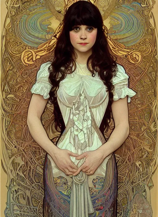 Prompt: Zooey Deschanel as God of Naivety, cute, fantasy, intricate, elegant, highly detailed, digital painting, 4k, HDR, concept art, smooth, sharp focus, illustration, art by alphonse mucha,artgerm, H R Giger