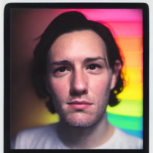 Prompt: a professional polaroid portrait photo of a beautiful man with an asymmetrical face with his eyes closed. the man has black hair, light freckled skin and a look of panic on his face. extremely high fidelity. key light. rainbow light bleed, film burn.