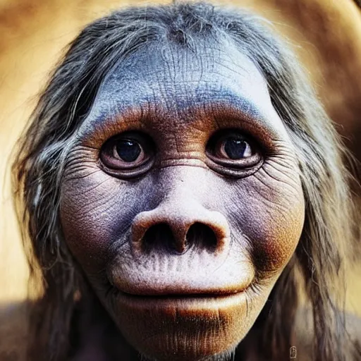 Image similar to “ a primitive pre-human woman Neanderthal looking deeply to the camera, blue eyes, smiling, anthropology photography, color kodakcrhome 64,National Geographic ”