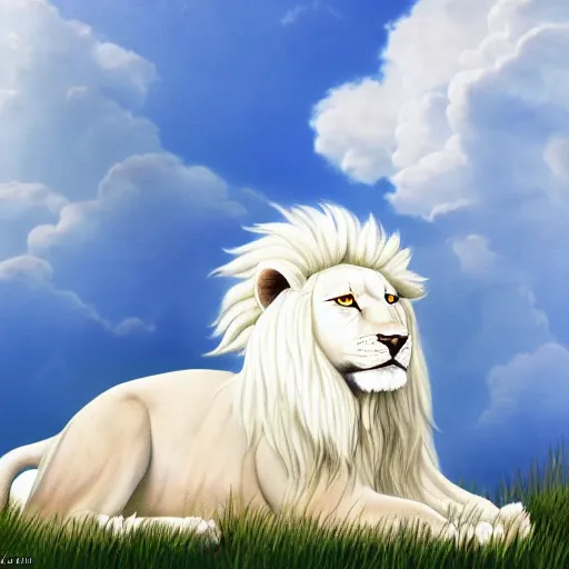 Image similar to ethernal giant white lion with angelic white mane and bright glowing mint eyes blending into white clouds in a heavenly blue sky