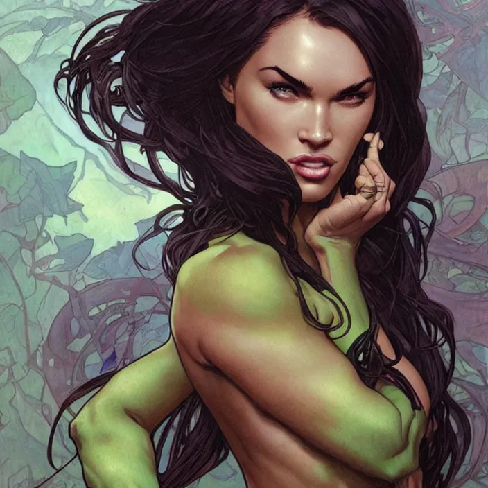 Prompt: megan fox as female hulk by artgerm, greg rutkowski, alphonse mucha