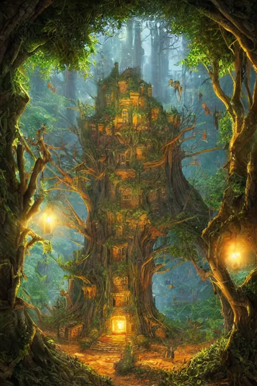 Prompt: a miniature city built into the trunk of a single colossal tree in the forest, with tiny people, in the style of ralph horsley, lit windows, close - up, low angle, wide angle, awe - inspiring, highly detailed digital art