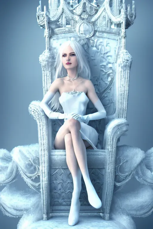 Image similar to Ice Princess, white long hair, sky blue eyes, short white silk dress, white long gloves, feet showing, legs crossed, arms crossed, crown made of ice, sitting on throne, frost, fantasy, elegant, artstation, hard focus, octane render