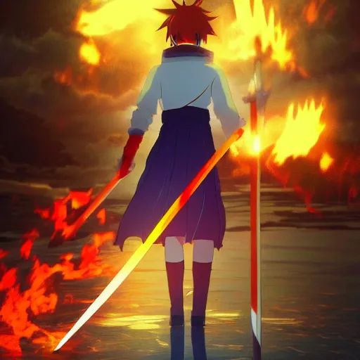 prompthunt: sword made of fire in the style of Makoto Shinkai, anime,  colorful, beautiful, 4k