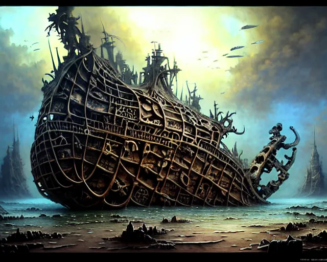 Image similar to street view of a wrecked pirate ship made of bones, fantasy landscape made of fractals facing each other, ultra realistic, wide angle, intricate details, the fifth element artifacts, highly detailed by peter mohrbacher, hajime sorayama, wayne barlowe, boris vallejo, aaron horkey, gaston bussiere, craig mullins