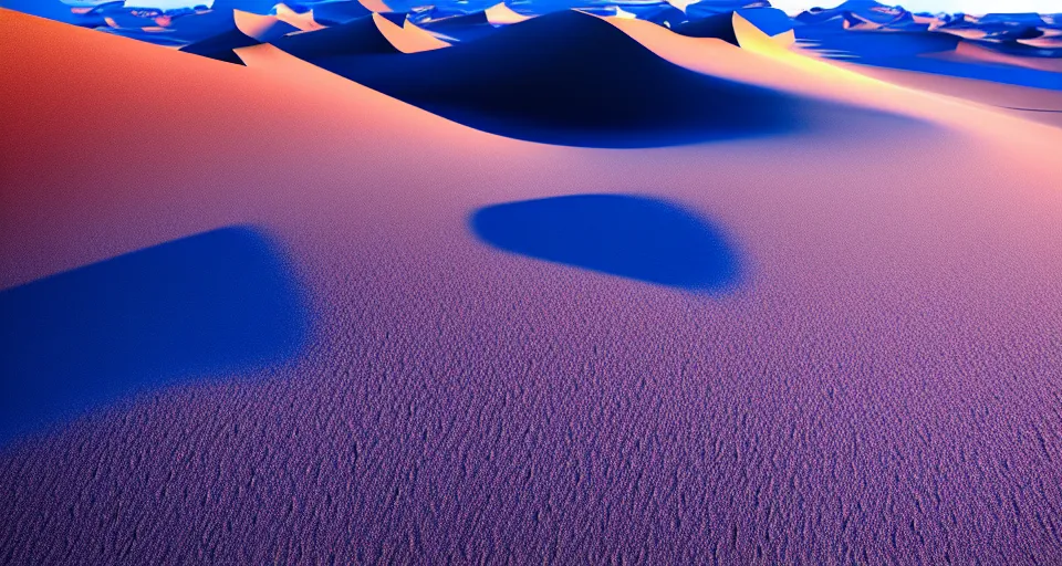 Image similar to as the light rises the edges of the desert dunes glow blueish, the sunlight twisted and refracted. artstation, cgsociety, blue color scheme.