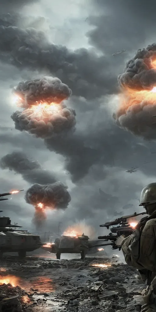 Image similar to concept art, world war iii, war scenes, mushroom clouds raised by nuclear explosions, call of duty future war, smooth lines, high detail, 8 k, octane rendering, unreal engine.