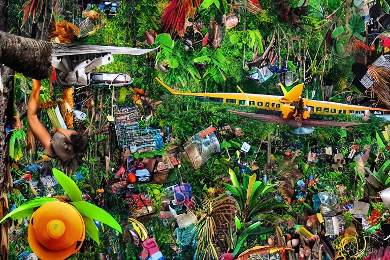 Prompt: bottom up shot of plane dropping smartphones in the jungle by jill charuk, colorful, highly detailed, decollage 4 k