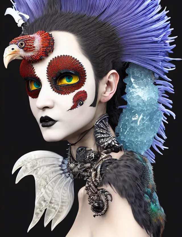 Image similar to 3 d goddess close - up profile portrait punk with mohawk in victorian style with ram skull. beautiful intricately detailed japanese crow kitsune mask and clasical japanese kimono. betta fish, jellyfish phoenix, bio luminescent, plasma, ice, water, wind, creature, artwork by tooth wu and wlop and beeple and greg rutkowski