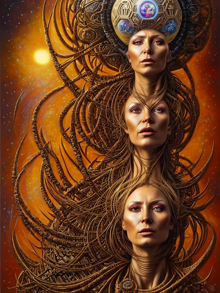 Image similar to hyper-realistic fullbody portrait. very complex hyper-maximalist overdetailed cinematic cosmic scifi portrait of an elegant very attractive sun goddess mother of the universe by andrei riabovitchev, tomasz alen kopera, oleksandra shchaslyva and peter morbacher. Extremely ornated and decorative. Fancy luxury beautiful. Omnious intricate. Secessionist portrait illustration. Goddess of the sky. Focus on face. Artstation. Deviantart. 8k 4k 64megapixel. Rendered by binx.ly.