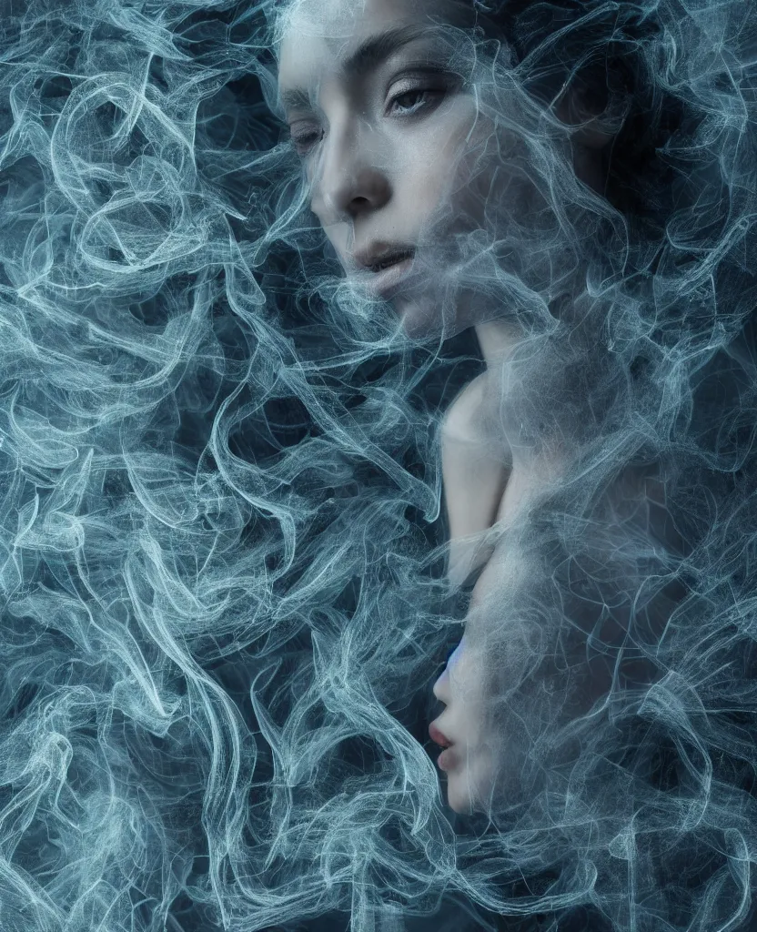 Prompt: portrait of a beautiful woman, smoke tendrils, a string structure, chaotic ferrofluids, occult, octane render, glow, dramatic lighting, intricate fine ornaments, translucent, lighting 8k, cinematic, blur, shallow depth of field, neuro web, plasma