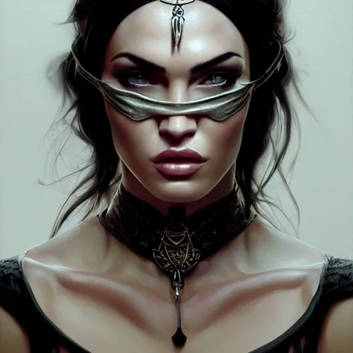 Image similar to portrait of megan fox, muscular upper body, collar, blindfold, greek, jewelry, black dress, fantasy, intricate, elegant, highly detailed, digital painting, artstation, concept art, matte, sharp focus, illustration, art by aenaluck and roberto ferri and greg rutkowski, epic fantasy, digital painting