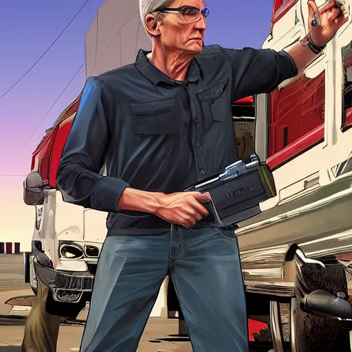 Prompt: tim cook in gta v, cover art by stephen bliss, boxart, loadscreen