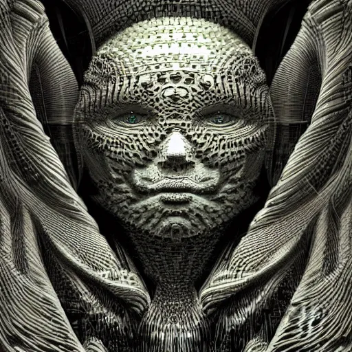 Image similar to High detailed human portrait of Mandelbulb pattern. by Giger.