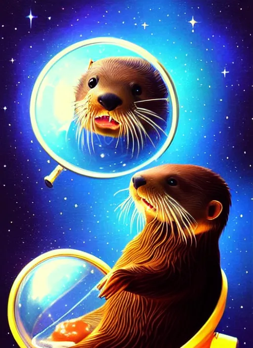 Image similar to a portrait of a cute otter with a space helmet, swimming through a beautiful galaxy!!!, detailed, artstation, art by rhads and miyazaki